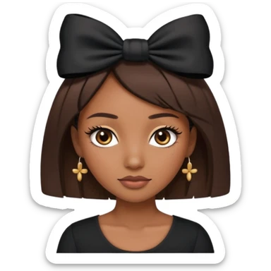 Adult woman with black cute  cut with a black top and a bow on her head with long lashes sticker