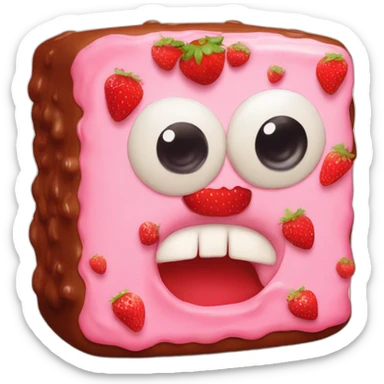 square cake with two strawberry eyes one bigger than the other, a mouth with frosting above it sticker