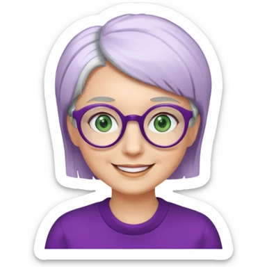 visage femme a lunettes ronde avec cheveux courts gris-blancs aux yeux verts qui souris habillé en violet sticker