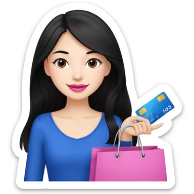 Girl with long black hair, pink lipstick, brown eyes holding shopping bags and blue credit card sticker