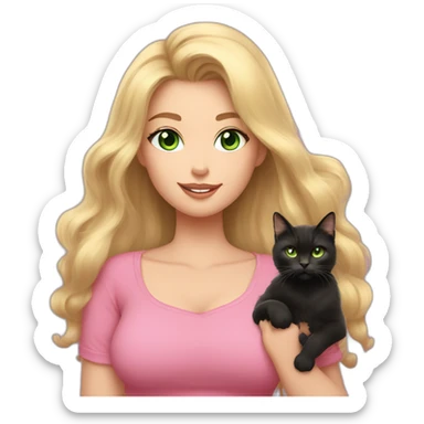 woman with green eyes and long wavy blonde hair and big boobs in a pink shirt is holding a very fluffy and fat black and tortoiseshell cat sticker