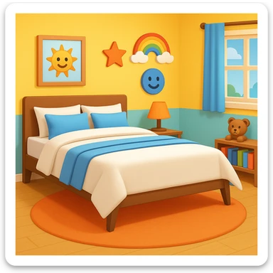 Add a colorful bedroom background with bright walls, playful decorations, and a cozy rug. Keep the room tidy and inviting in emoji style sticker