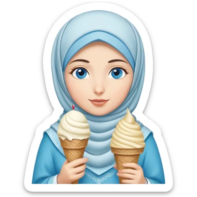 Turkish beautiful finish Konya girl blue eyes with ice cream hijab islamic dress and had on her hand ice cream  sticker