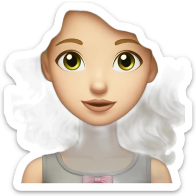 Blonde wavy girl with brown eyes carrying a grey cat that has green eyes and a pink bow in her necklace sticker