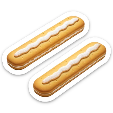 two ladyfinger biscuits, soft elongated shape, golden-brown, powdered sugar on top, airy and crisp exterior, spongy texture, arranged in a slight scatter, clean 3D rendering, soft light, subtle shadow, no packaging, no anthropomorphic features, transparent background, emoji scale sticker