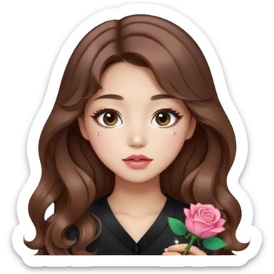 “korean brown hair Emoji girl, soft eyeliner, gradient rose lips, light brown shimmer eyeshadow, sparkly aegyo-sal, long wavy hair,  sticker