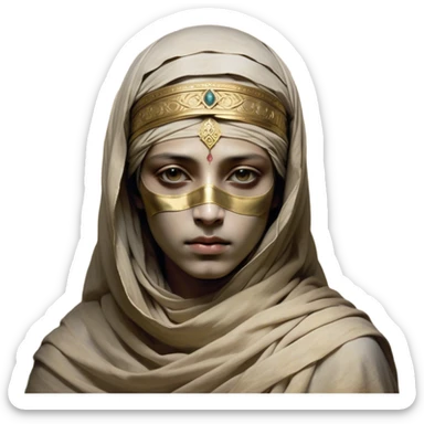 Regal and timeless, fully wrapped in meticulously aged bandages, even its face veiled in layers of ancient cloth with only faint glimpses of deep, solemn eyes peering through, adorned with faded gold accents, exuding an air of forgotten majesty and solemn duty, highly detailed, softly glowing, evoking the dignified mystery of an eternal guardian watching over lost secrets! sticker