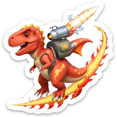rocket-propelled dinosaur character, cute T-rex, rocket pack on its back, flames and smoke trail, dynamic flying pose, 3D cartoon, mobile game icon style, clean background, no text, no watermark
 sticker