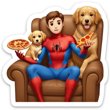 Spider-Man, sitting on a recliner with a pizza in his hand next to a golden retriever sticker