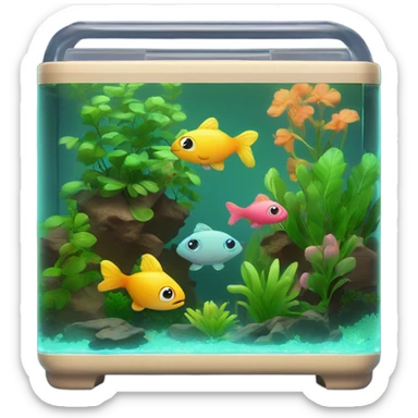 Rectangular fish tank, beige lid and wedgesk with plants inside  and cute fish in neon colors  sticker