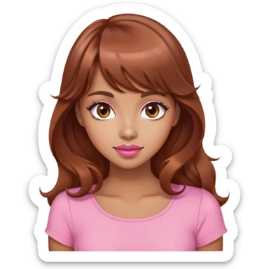 cute woman, tan skin, big brown eyes, long wavy auburn hair, bangs, pink top, peachy pink lipstick sticker
