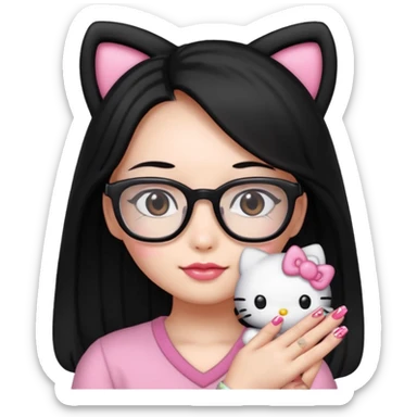 Nails cute hello kitty wear glasses black long  hair sticker