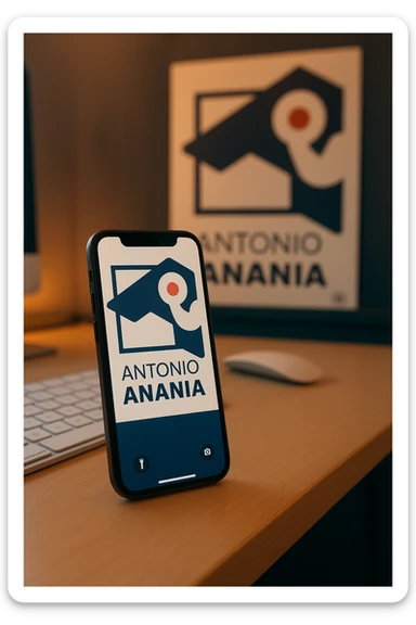 A photo of an iPhone on the desk with the logo of "Antonio Anania" on its screen, The phone sits atop a desk with a blurred with the logo in the background that suggests work environment. A faint glow from above casts gentle shadows across the surface of each object, creating depth and highlighting their textures sticker