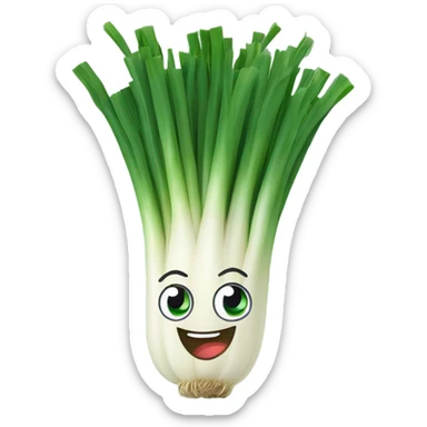 Cheerful green onion with big expressive eyes, a wide smile, and a few green stalks on top. Designed in a cute, cartoonish style with vibrant colors. sticker