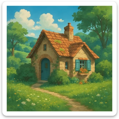 cozy cottage in a lush landscape, ghibli style sticker