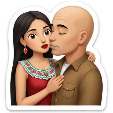 short Mexican  woman with long dark hair kissing tall bald Mexican  man sticker