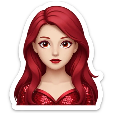 Chappell Roan (b.1998) with long dark red hair, red sequin outfit, makeup sticker