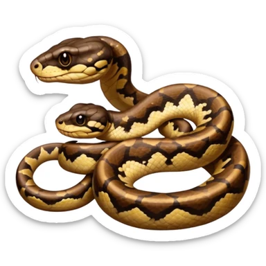 A photo-realistic digital illustration of a Ball Python, chest upward, with a short, rounded head, thick body, and a calm, curious expression. It has a warm brown base color with irregular dark blotches shaped like “alien heads,” and matte-textured scales that emphasize its small, stocky form. sticker