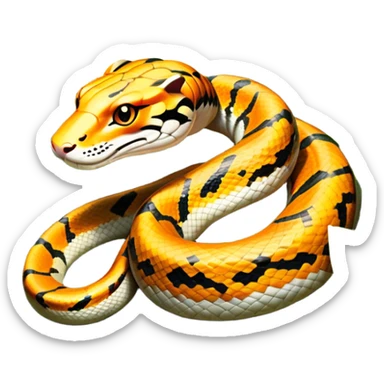 Tiger python coiled up on the ground, blending with the dense jungle foliage. Its distinct orange and black stripes stand out against the vibrant green of leaves and plants. Sunlight filters through the trees, highlighting the snake's patterned scales. Transparent background. sticker