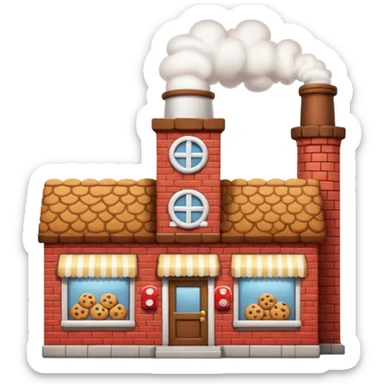 Small cartoon-style bakery factory with a red brick base, a single chimney puffing white smoke, cookie crates outside, emoji-style sticker