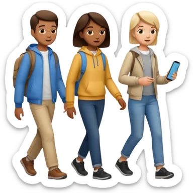 iOS emoji style. 2 friends and a teenager walking and talking.  sticker