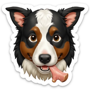 A black and white border collie is chewing on a rotten, smelly cow's hoof. sticker