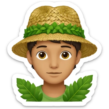 Adam, wearing a handmade hat woven from fresh green leaves, white background sticker