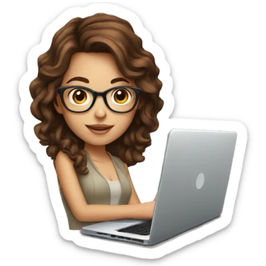 Beautiful girl with brown hair, glasses and laptop sticker