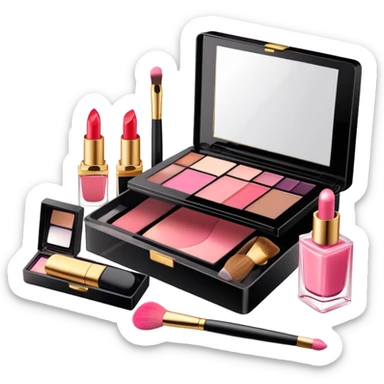 an open box with makeup brushes, compact powder, and perfume bottle spilling out sticker