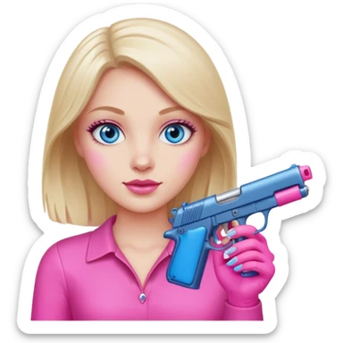 White Girl hand pink nails holding pink gun with blue eyes sticker