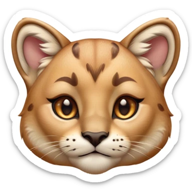 Cinematic Cute Cougar Portrait Emoji, Head tilted playfully and inquisitively, featuring a glossy, tawny Fur with delicate dark markings and round, sparkling amber eyes filled with curious mischief, Simplified yet irresistibly adorable features, highly detailed, glowing with a warm, friendly glow, high shine, affectionate and agile, stylized with a touch of wilderness whimsy, bright and endearing, soft glowing outline, capturing the essence of a mischievous yet loving cougar, so playful it feels like it could prowl out of the screen and into your arms! sticker