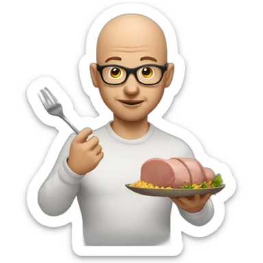 bald man with glasses eating a big pork sticker