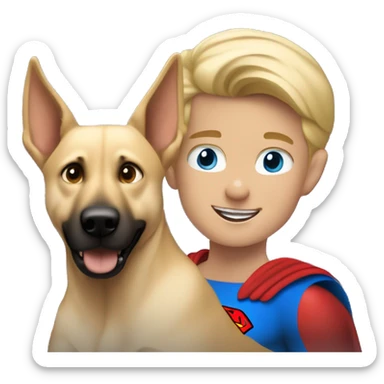 blond boy with blue eyes flying with his malinois dog superman sticker