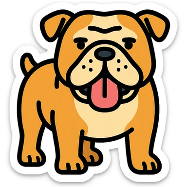 English bulldog, standing, tongue out, clear outlines, color icon style sticker