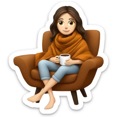 Brunette white girl covered in blanket autumn vibe sitting on a cozy chair holding coffee sticker