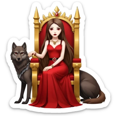Lilith symbol seductress evil brown straight long hair haired, sexy succubus woman with red and black Chanel dress sitting on a Black and gold throne. A large black wolf laying beside he sticker
