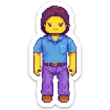 Steve from Minecraft, blocky character with blue shirt and purple pants sticker