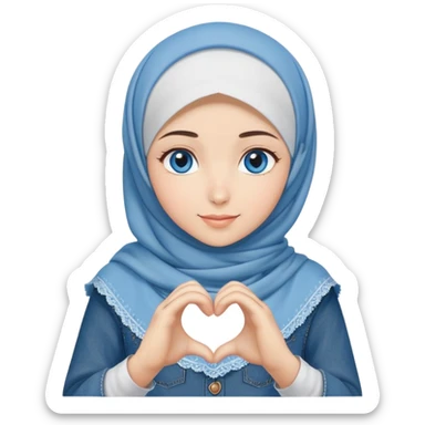 Turkish beautiful finish Konya girl blue eyes with denim hijab islamic dress and making heart with hands and with thank you text sticker