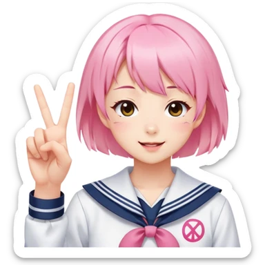 Energetic anime girl with short pink hair wearing Japanese sailor style school uniform, winking and making double peace signs, very cheerful and bubbly, kawaii style sticker