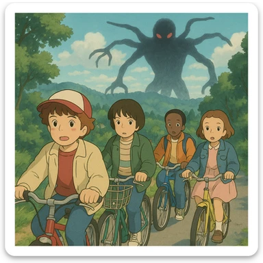 A group of kids in 80s outfits on bikes, with a shadowy monster in the background, Stranger Things, in a Ghibli-inspired style sticker