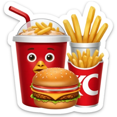 Plateau rouge avec dessus une bucket de poulet KFC , des frite dans un pot, un burgers et un coca sticker