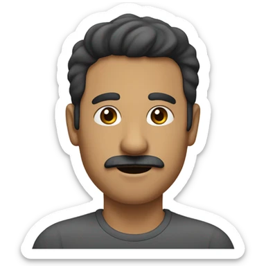 man with small black mustache points at 45° with a flat hand sticker