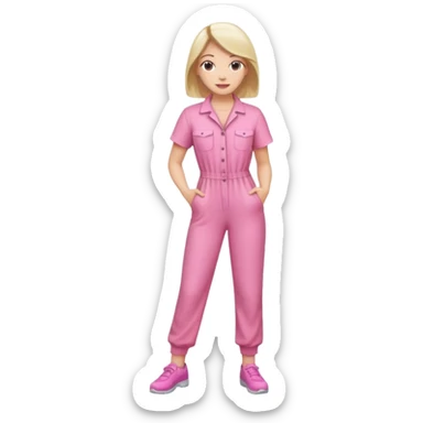 woman pink jumpsuit standing on foot sticker