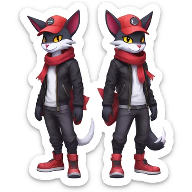 Cool Anthro Noibat-Zangoose-Litten-Sphynx-Feline-Pokémon with red scarf punk techwear cool fiddler-hat Full Body sticker