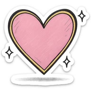 Add a realistic drop shadow to the 3D large pink heart with sparkles and gold outline, keeping the hand drawn black outline style, on a white clean background. sticker