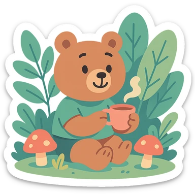 little bear sipping tea in the forest, surrounded by leaves and mushrooms, pastel-toon style sticker