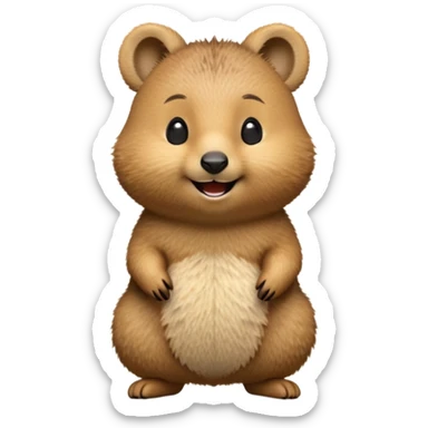 cinematic-realistic quokka-emoji,-small-round-frame-balanced-on-tiny-strong-hind-legs, head tilted in an endearing manner, comical smil, giant-fluffy-cheeks-large-smile-fluffy-brown-fur-radiating-a-warm-softness,-big-round-eyes-filled-with-joy, realistic fluffy zoomed in sticker