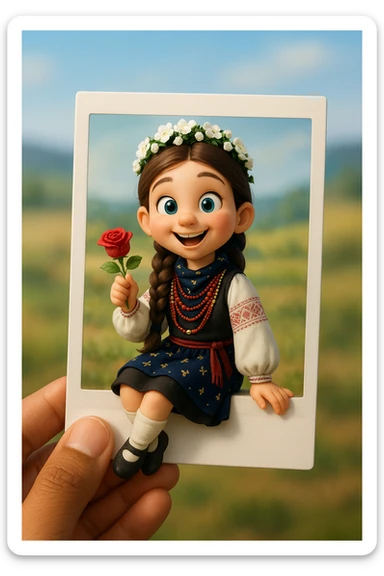 Based on the provided image, create a cute, stylised 3D character sitting playfully on the edge of a white Polaroid-style frame with one leg hanging off the edge. The character is holding a red rose and is wearing the same clothes as in the reference image.
The background is a soft, blurred landscape with a Ukrainian scenery.
The frame is held by a human hand with warm (light brown) skin tone.
The character has a happy, expressive face and Pixar-style lighting. The composition is centred, with realistic soft shadows and bright natural lighting.
Aspect ratio: 2:3. sticker