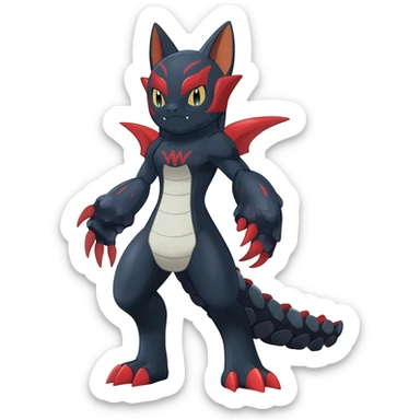 midnight blue-gray-black, with red markings, white belly, scaley Bastet-Noibat-Gatomon-Garchomp-Digimon-Fakémon-Pokémon-creature (full body) sticker