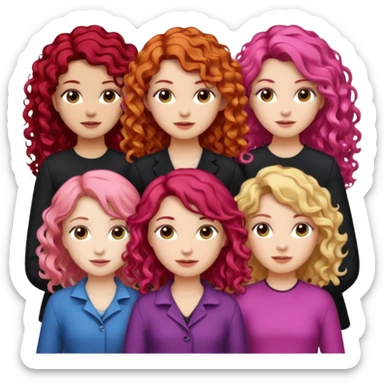 5 girls, one curly redhead, one with brunette dyed blonde hair, one long haired wavy brunette, one mid-length haired brunette, and one black haired girl with partially dyed bright red/pink hair sticker
